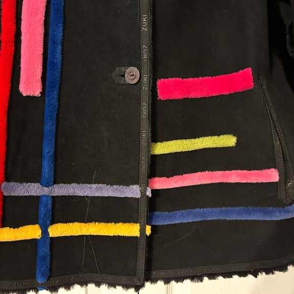 ZUKI Sz M/L Black Sheared Beaver w/Suede & Abstract Design Reversible Coat Jkt - Picture 8 of 14